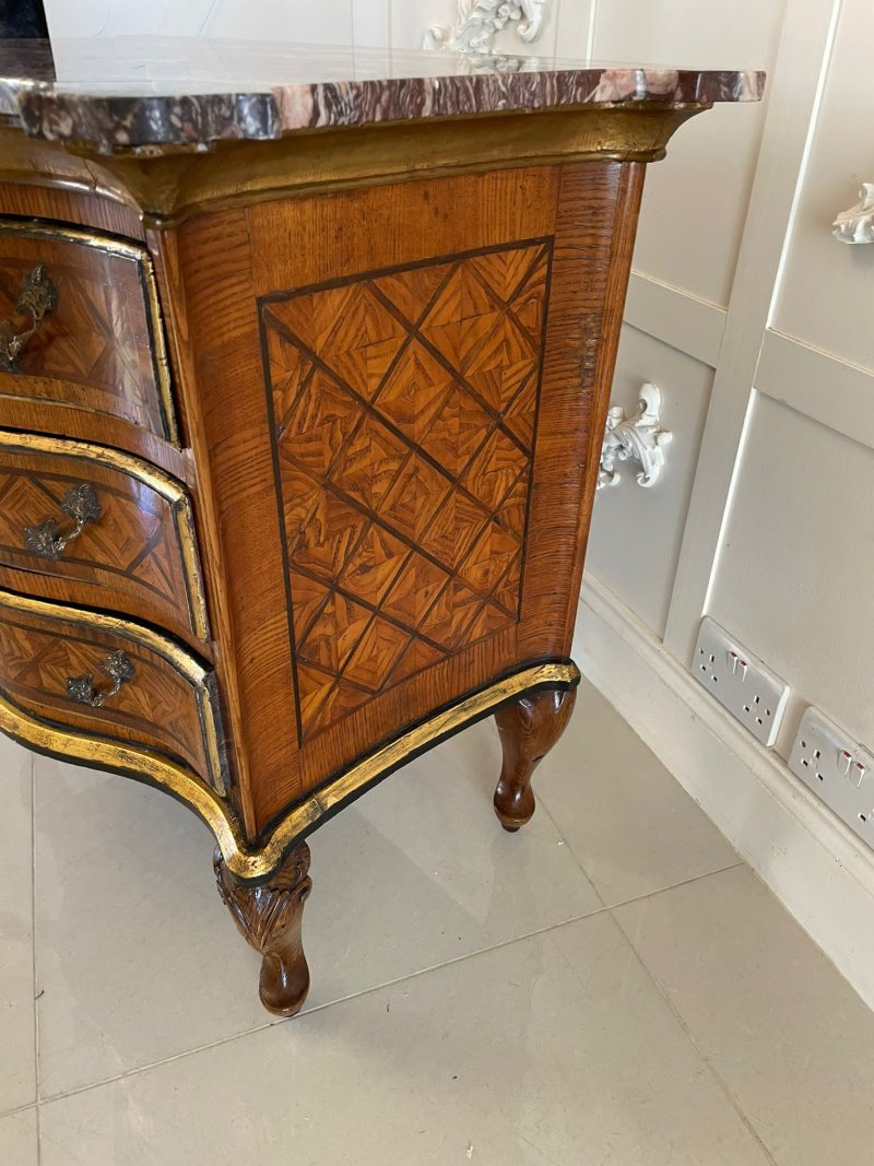 Antique 18th Century Quality Parquetry Inlaid Serpentine Shaped Marble Top Commode Chest - Image 10